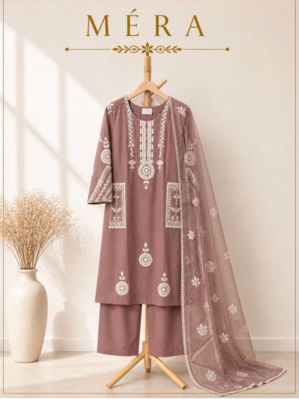 Méra Women's Mauve Embroidered Kurta Set
